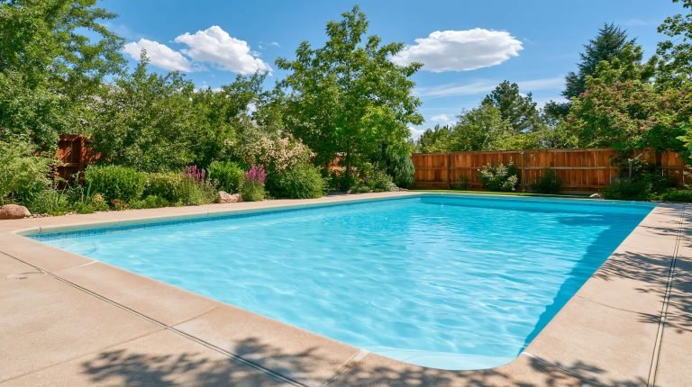 Piscine de jardin au soleil devant une maison, GDBM Piscines, pisciniste en Seine-et-Marne et en Île-de-France